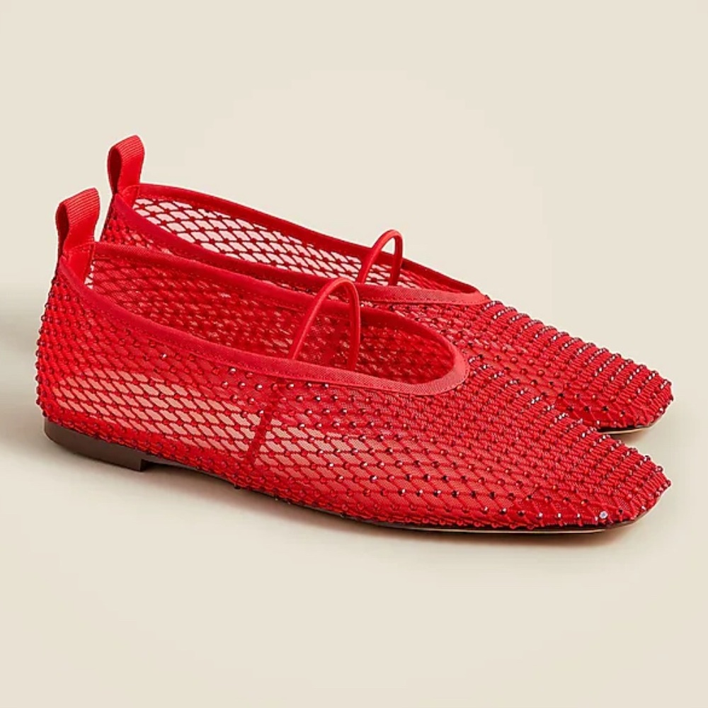 J.Crew Red Quinn Mary Jane ballet flats in crystal mesh